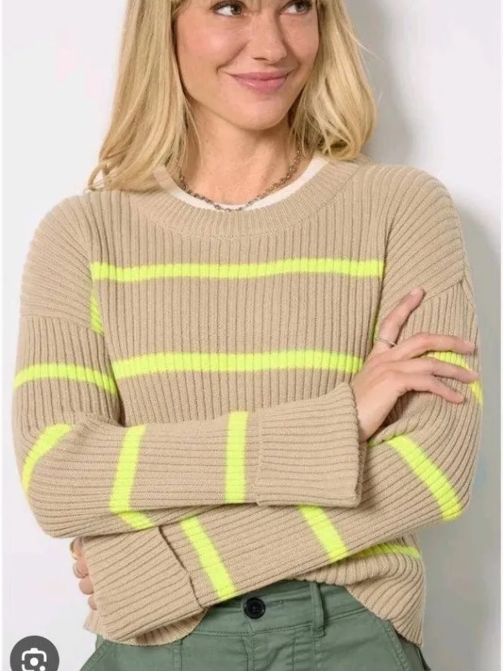 Evereve Beige Ribbed Crew Sweater with Neon Yellow Stripes — Like New Condition